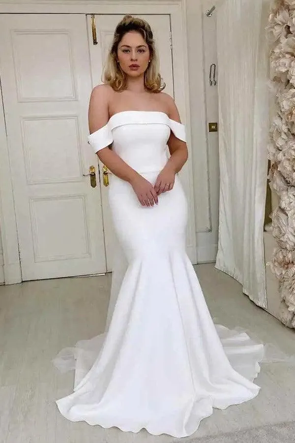 Romantic Simple Mermaid Off The Shoulder Ivory Satin Wedding Dress TN323