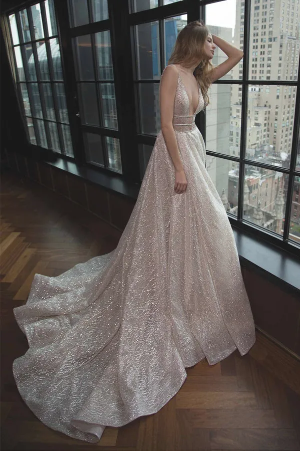 Rose Gold Sequin Long Prom Dresses,Evening Prom Gown With Plunging V-Neck, M156
