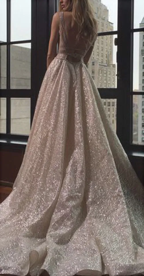 Rose Gold Sequin Long Prom Dresses,Evening Prom Gown With Plunging V-Neck, M156