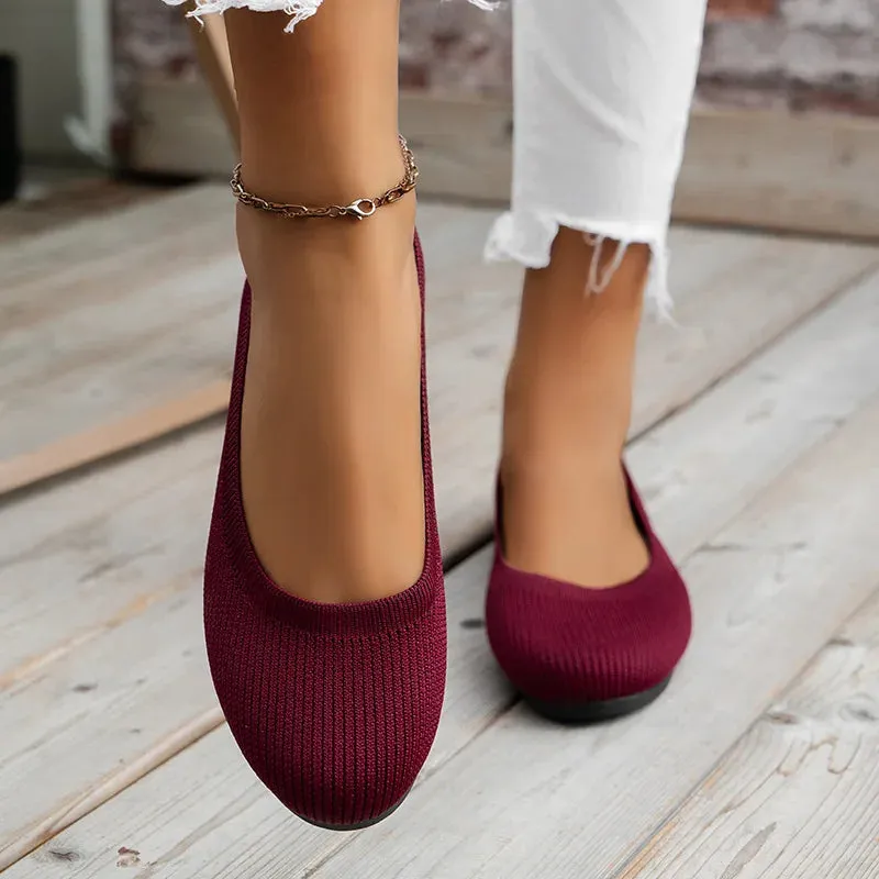 Round Toe Flats - Comfortable Knit Ballet Shoes, Casual Slip-On Shallow Office Boat Shoes, Plus Size Moccasins for Women