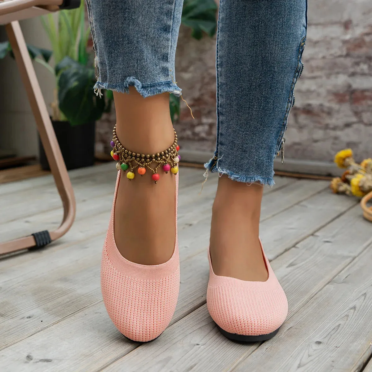 Round Toe Flats - Comfortable Knit Ballet Shoes, Casual Slip-On Shallow Office Boat Shoes, Plus Size Moccasins for Women