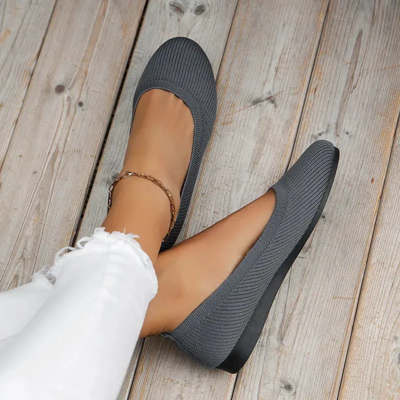 Round Toe Flats - Comfortable Knit Ballet Shoes, Casual Slip-On Shallow Office Boat Shoes, Plus Size Moccasins for Women