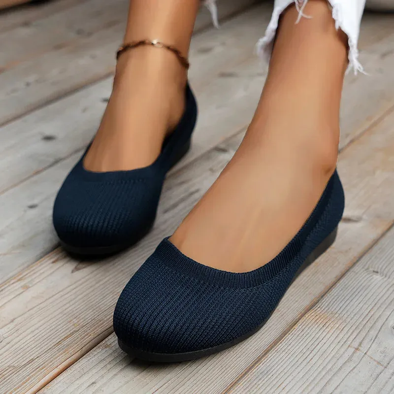 Round Toe Flats - Comfortable Knit Ballet Shoes, Casual Slip-On Shallow Office Boat Shoes, Plus Size Moccasins for Women