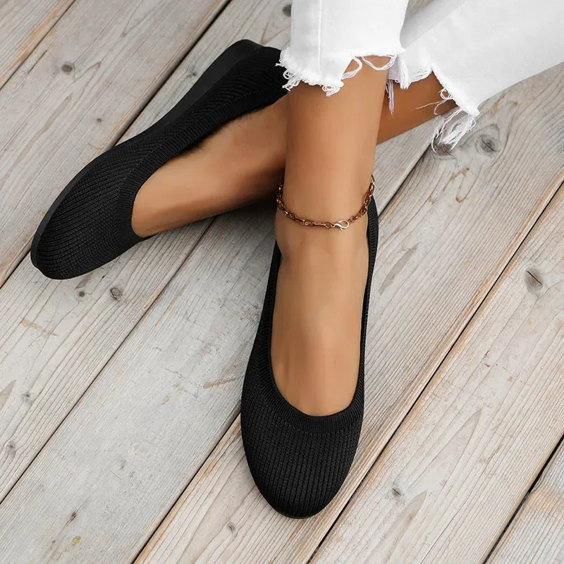 Round Toe Flats - Comfortable Knit Ballet Shoes, Casual Slip-On Shallow Office Boat Shoes, Plus Size Moccasins for Women