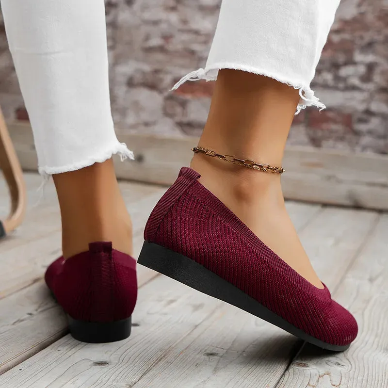 Round Toe Flats - Comfortable Knit Ballet Shoes, Casual Slip-On Shallow Office Boat Shoes, Plus Size Moccasins for Women