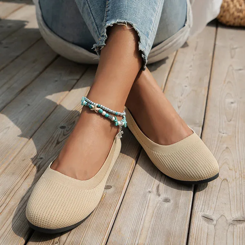 Round Toe Flats - Comfortable Knit Ballet Shoes, Casual Slip-On Shallow Office Boat Shoes, Plus Size Moccasins for Women
