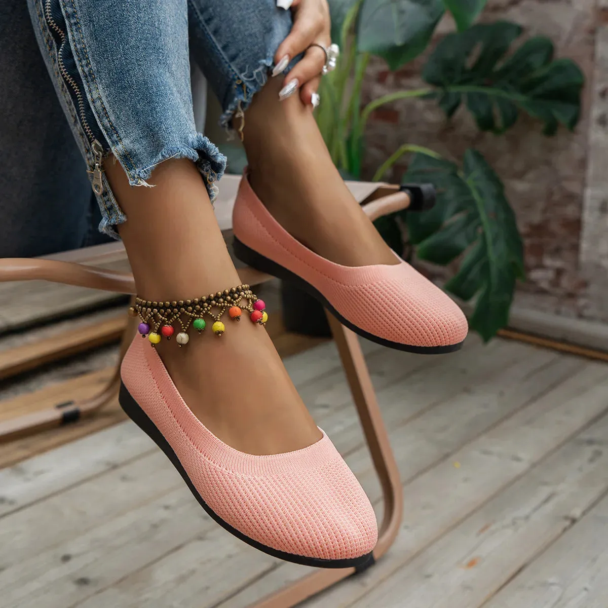 Round Toe Flats - Comfortable Knit Ballet Shoes, Casual Slip-On Shallow Office Boat Shoes, Plus Size Moccasins for Women