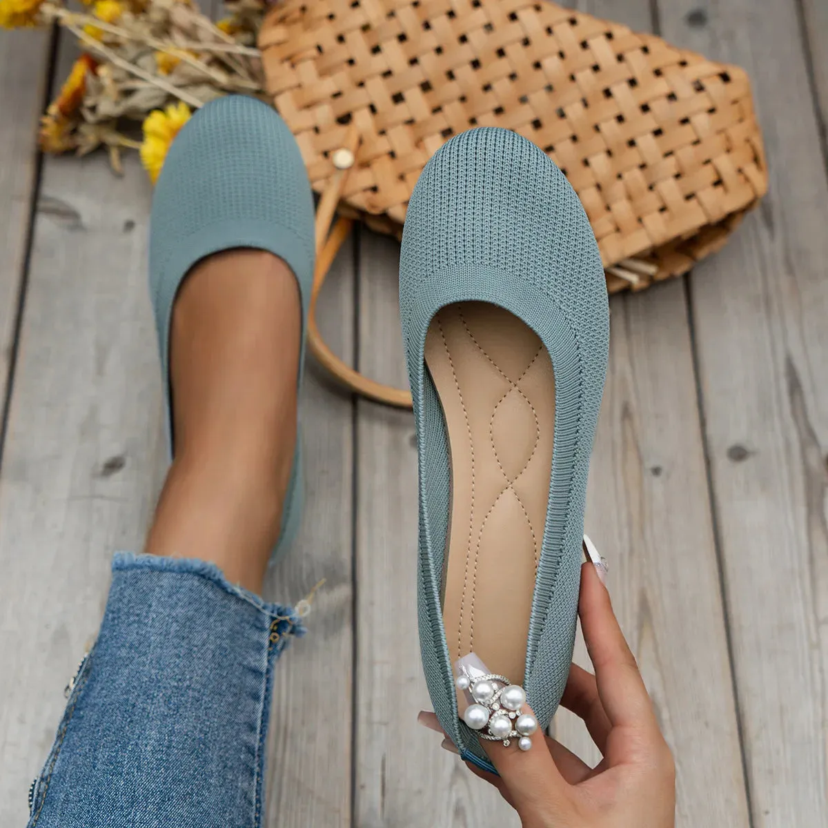 Round Toe Flats - Comfortable Knit Ballet Shoes, Casual Slip-On Shallow Office Boat Shoes, Plus Size Moccasins for Women