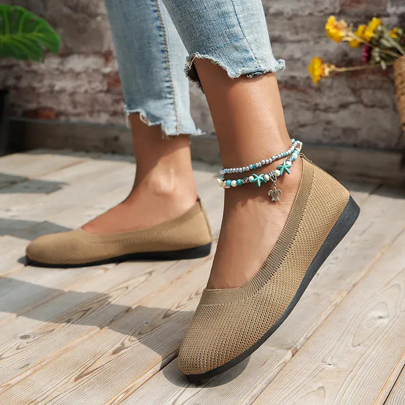 Round Toe Flats - Comfortable Knit Ballet Shoes, Casual Slip-On Shallow Office Boat Shoes, Plus Size Moccasins for Women