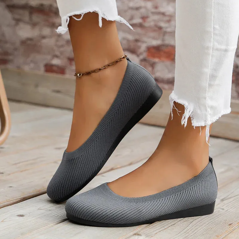 Round Toe Flats - Comfortable Knit Ballet Shoes, Casual Slip-On Shallow Office Boat Shoes, Plus Size Moccasins for Women