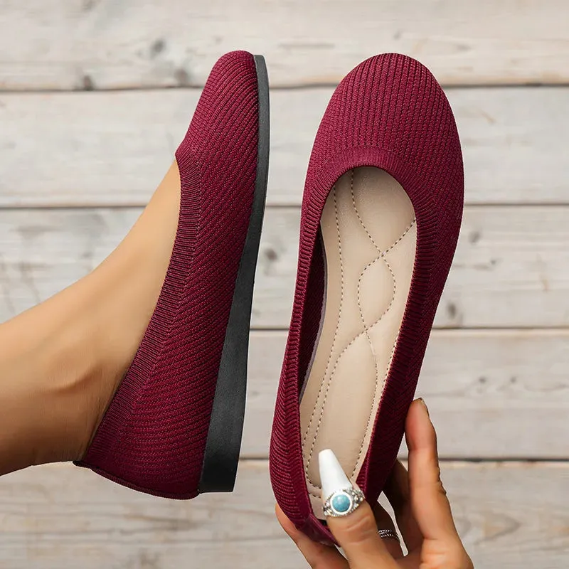 Round Toe Flats - Comfortable Knit Ballet Shoes, Casual Slip-On Shallow Office Boat Shoes, Plus Size Moccasins for Women