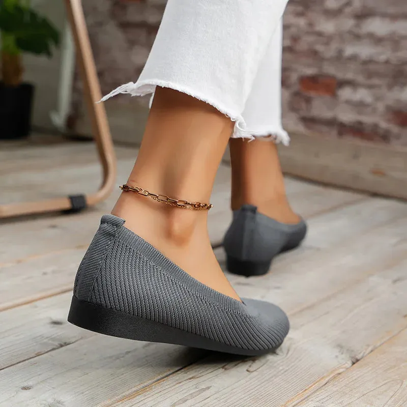Round Toe Flats - Comfortable Knit Ballet Shoes, Casual Slip-On Shallow Office Boat Shoes, Plus Size Moccasins for Women