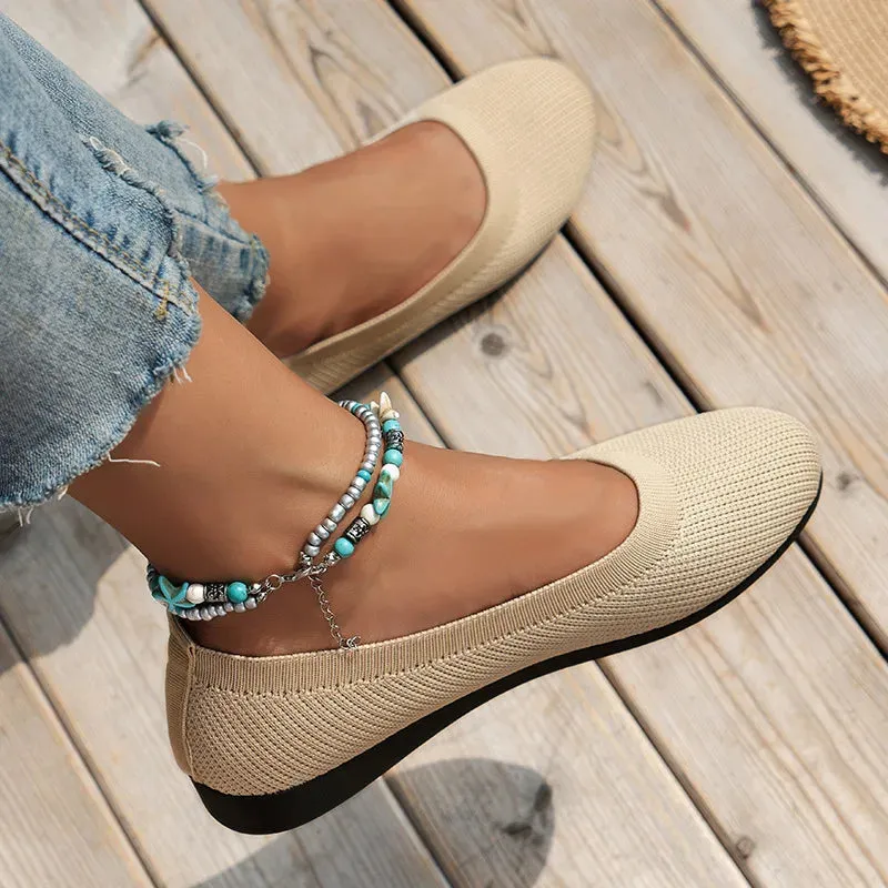 Round Toe Flats - Comfortable Knit Ballet Shoes, Casual Slip-On Shallow Office Boat Shoes, Plus Size Moccasins for Women