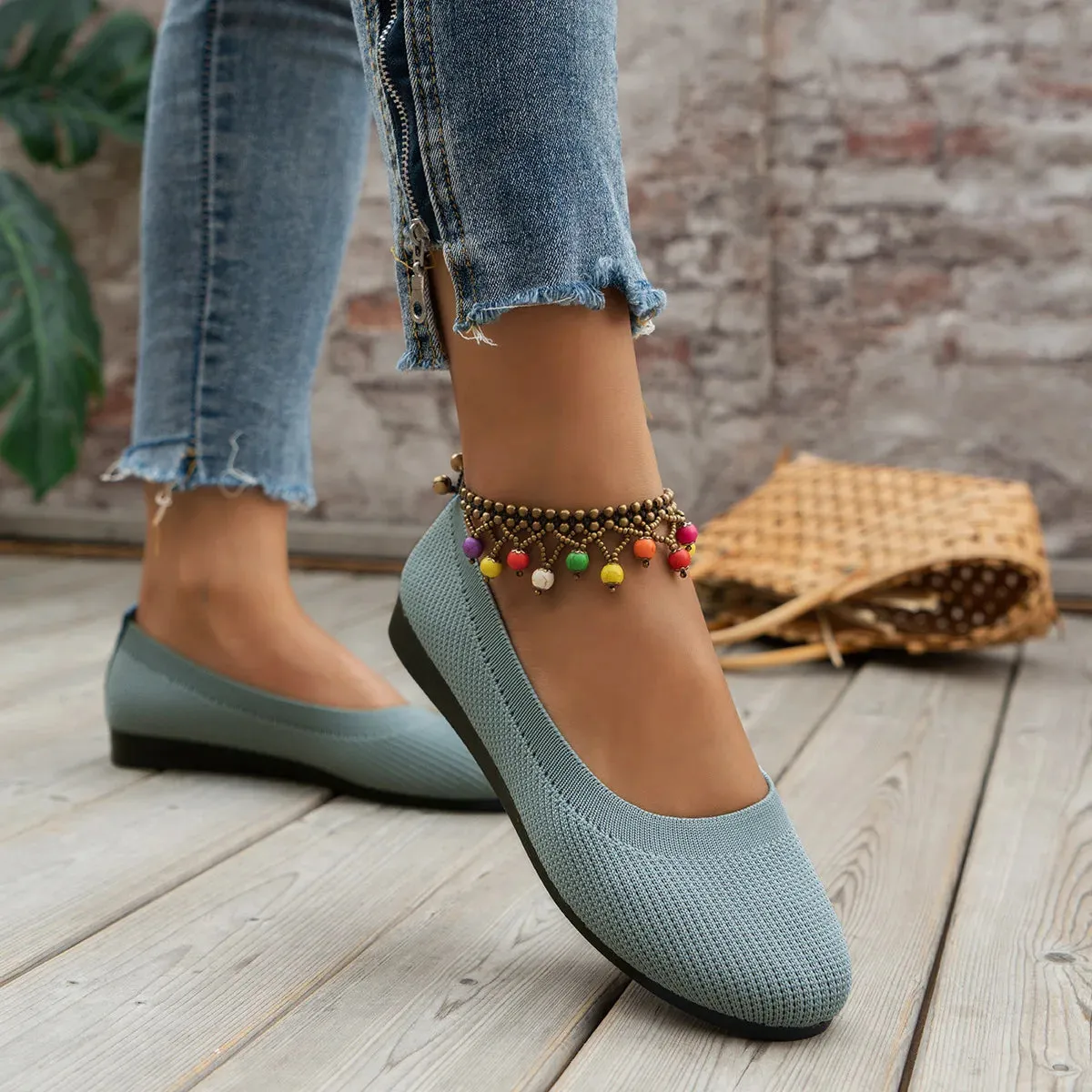 Round Toe Flats - Comfortable Knit Ballet Shoes, Casual Slip-On Shallow Office Boat Shoes, Plus Size Moccasins for Women
