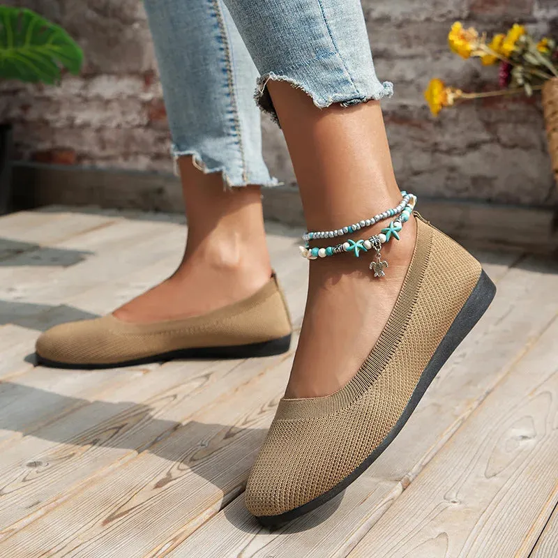 Round Toe Flats - Comfortable Knit Ballet Shoes, Casual Slip-On Shallow Office Boat Shoes, Plus Size Moccasins for Women