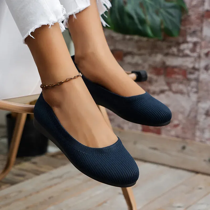 Round Toe Flats - Comfortable Knit Ballet Shoes, Casual Slip-On Shallow Office Boat Shoes, Plus Size Moccasins for Women
