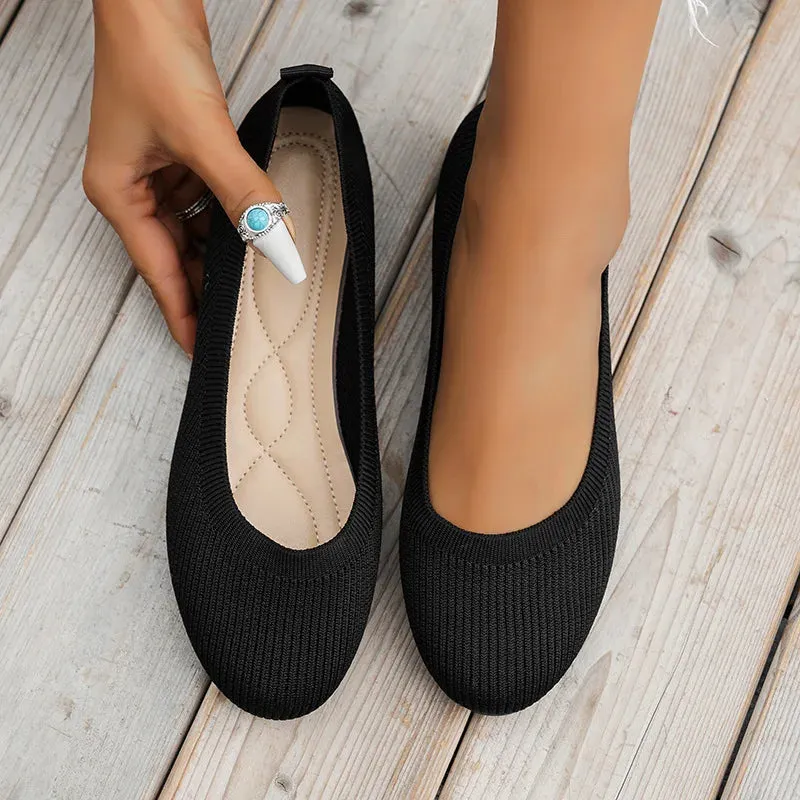 Round Toe Flats - Comfortable Knit Ballet Shoes, Casual Slip-On Shallow Office Boat Shoes, Plus Size Moccasins for Women
