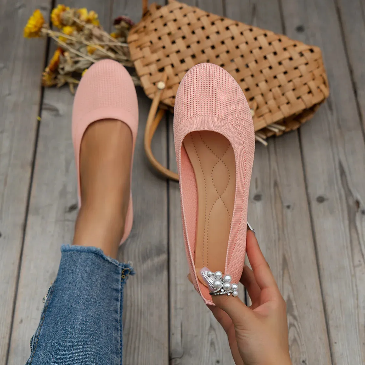 Round Toe Flats - Comfortable Knit Ballet Shoes, Casual Slip-On Shallow Office Boat Shoes, Plus Size Moccasins for Women