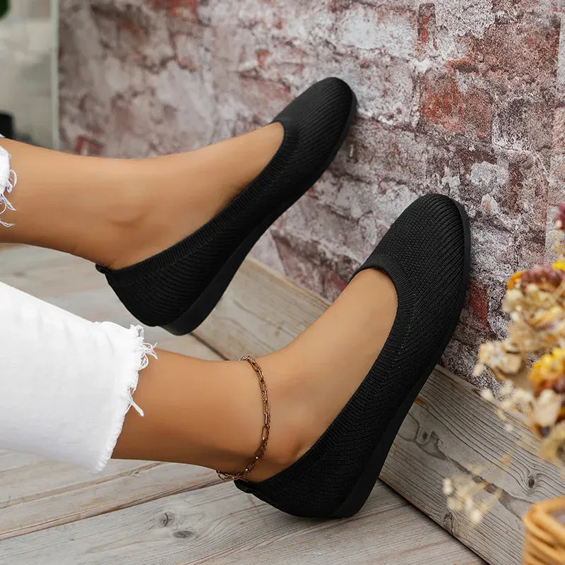 Round Toe Flats - Comfortable Knit Ballet Shoes, Casual Slip-On Shallow Office Boat Shoes, Plus Size Moccasins for Women