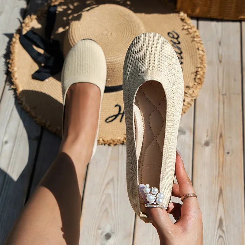 Round Toe Flats - Comfortable Knit Ballet Shoes, Casual Slip-On Shallow Office Boat Shoes, Plus Size Moccasins for Women