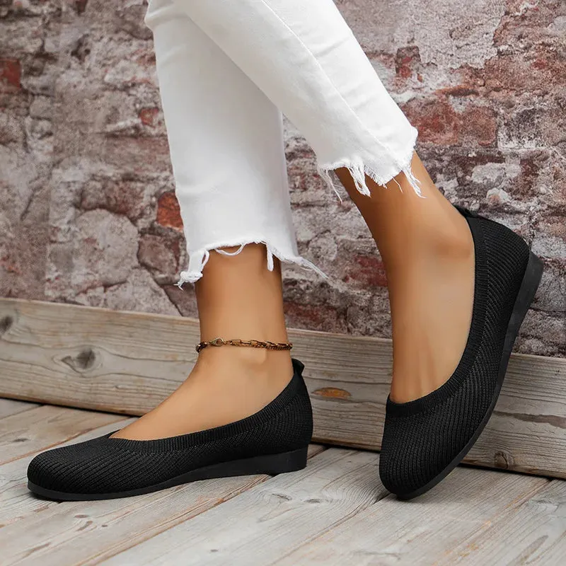 Round Toe Flats - Comfortable Knit Ballet Shoes, Casual Slip-On Shallow Office Boat Shoes, Plus Size Moccasins for Women