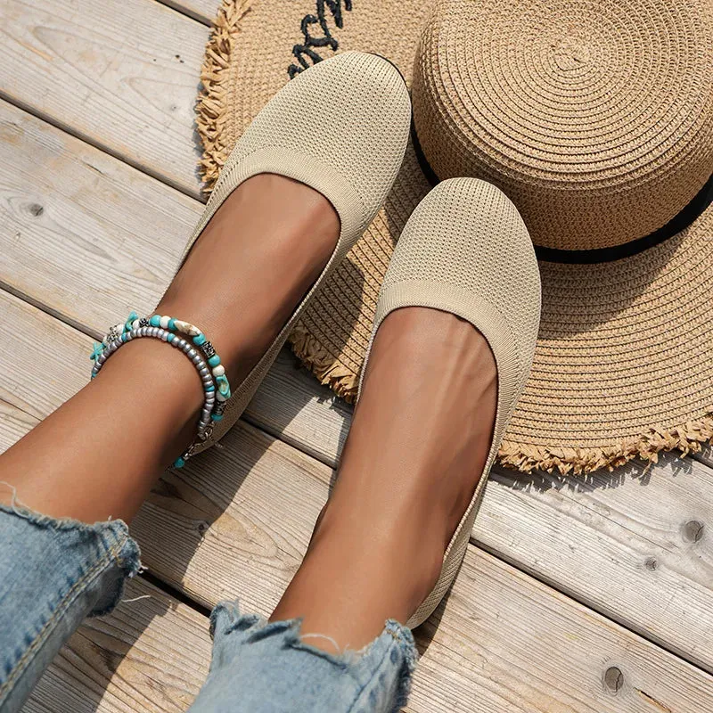 Round Toe Flats - Comfortable Knit Ballet Shoes, Casual Slip-On Shallow Office Boat Shoes, Plus Size Moccasins for Women