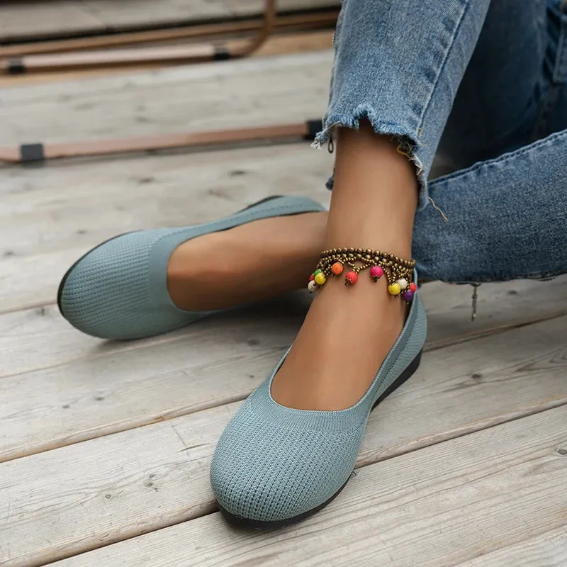Round Toe Flats - Comfortable Knit Ballet Shoes, Casual Slip-On Shallow Office Boat Shoes, Plus Size Moccasins for Women