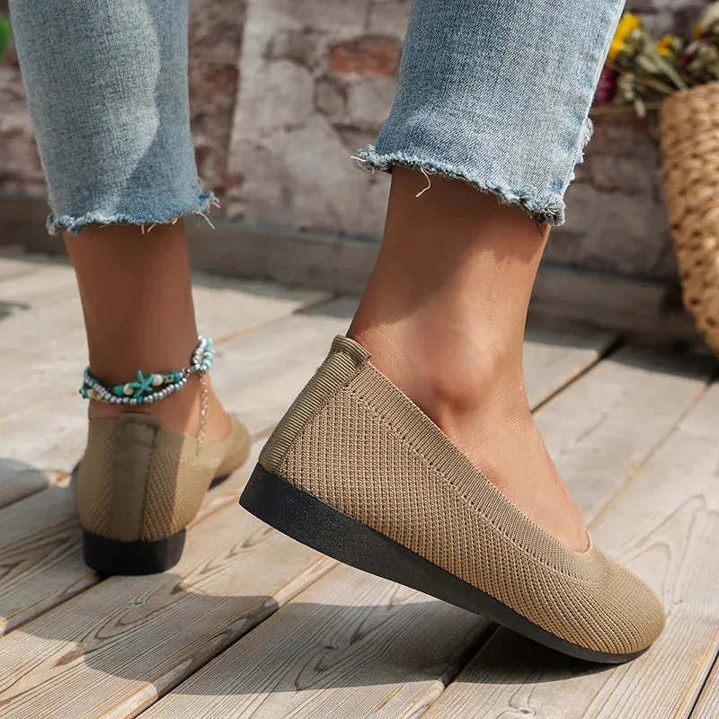 Round Toe Flats - Comfortable Knit Ballet Shoes, Casual Slip-On Shallow Office Boat Shoes, Plus Size Moccasins for Women