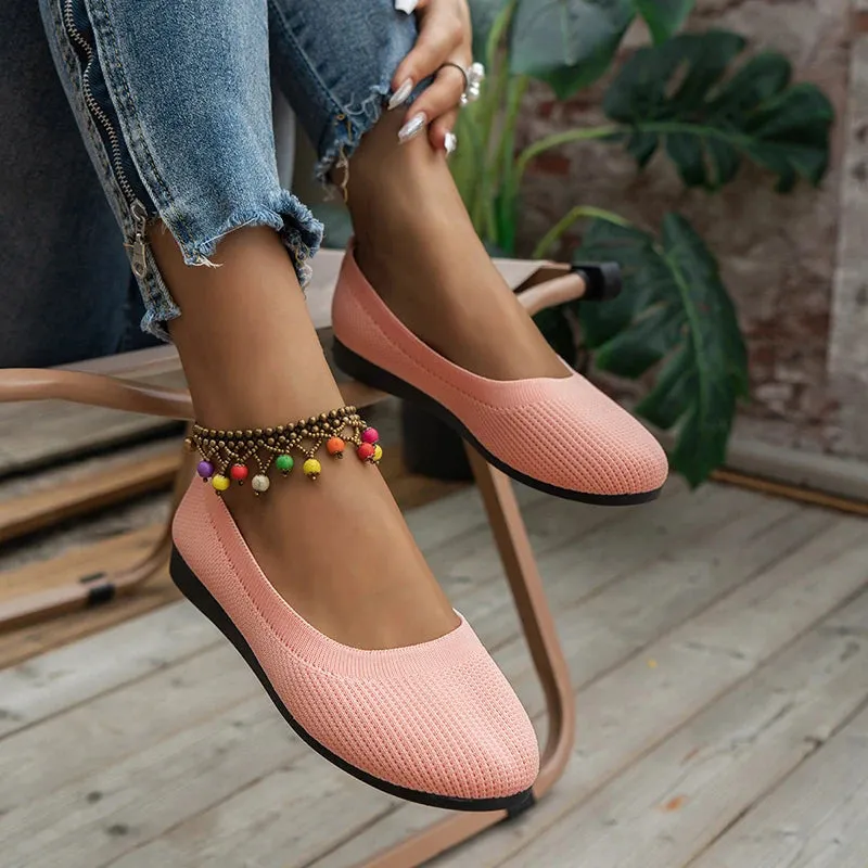 Round Toe Flats - Comfortable Knit Ballet Shoes, Casual Slip-On Shallow Office Boat Shoes, Plus Size Moccasins for Women