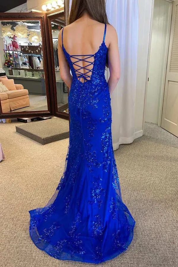 Royal Blue Plunging Neck Sparkly Prom Dresses with Straps TP1311