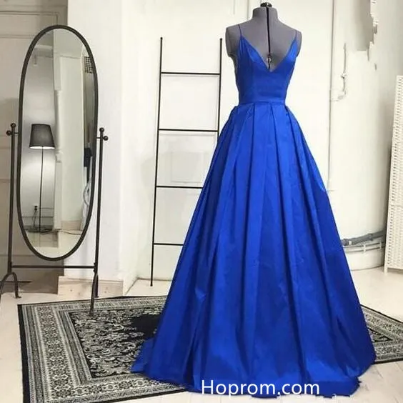Royal Blue Prom Dresses Spaghetti Straps V Neck Formal Dress With Criss Cross