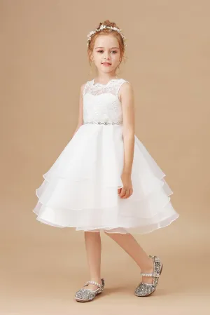 Ruffles Sleeveless Organza Applique Tulle Flower Girl Dresses With Rhinestone Sash