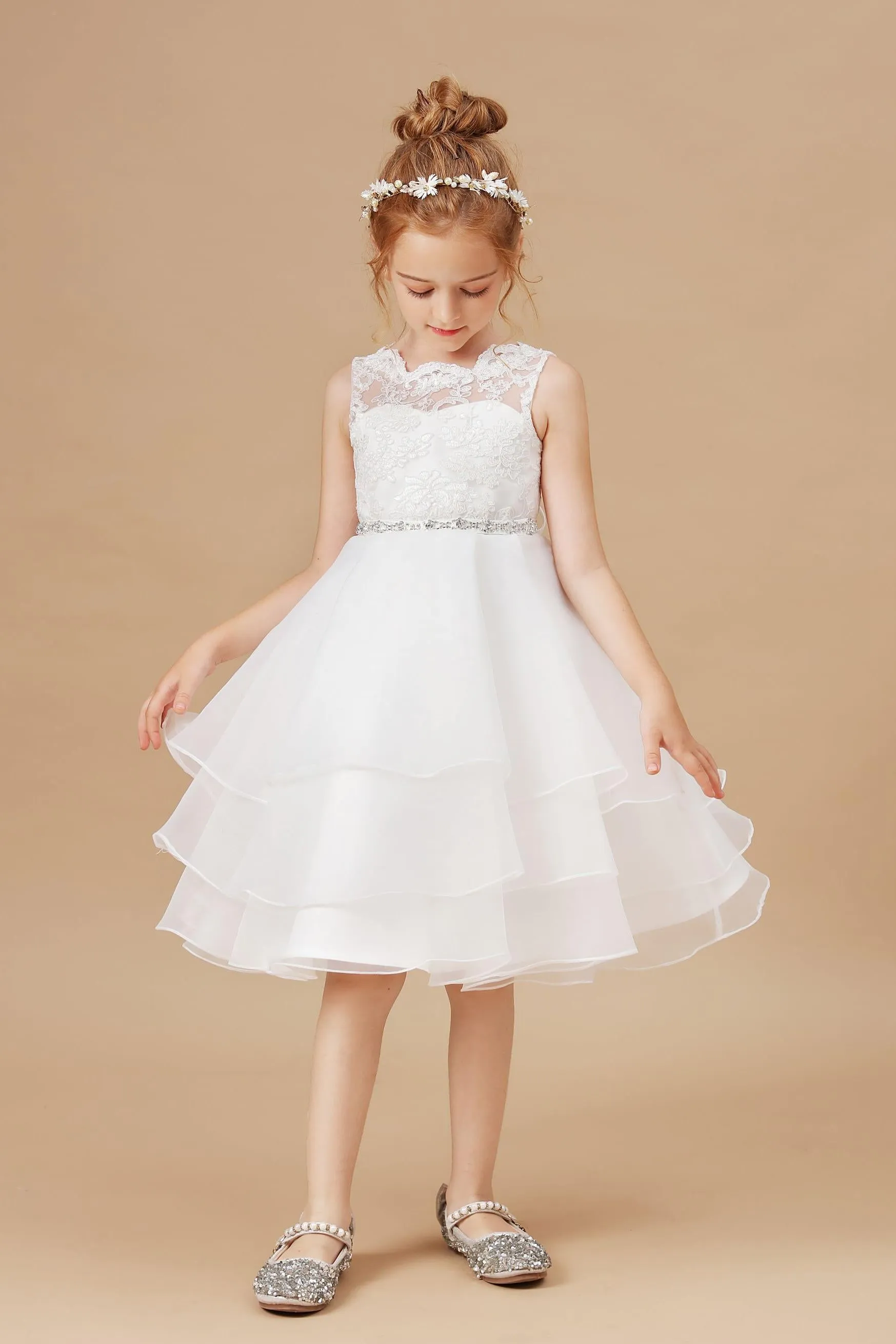 Ruffles Sleeveless Organza Applique Tulle Flower Girl Dresses With Rhinestone Sash