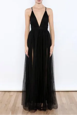 Sexy Black Tulle V Neck Side Slit Prom Dresses, Evening Gowns,Party Dresses,M56