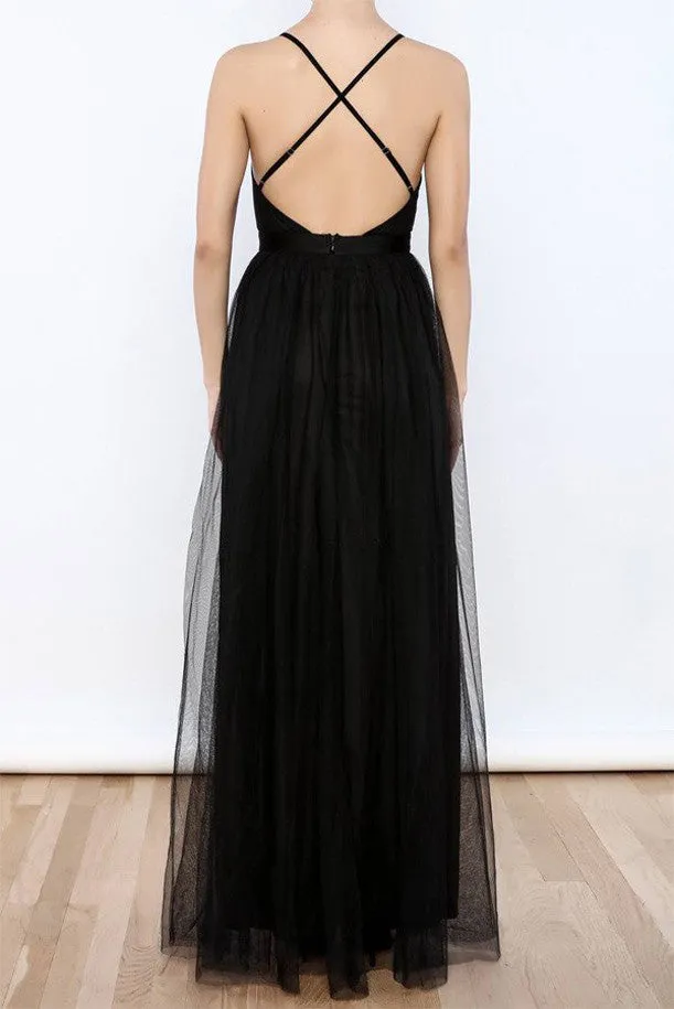 Sexy Black Tulle V Neck Side Slit Prom Dresses, Evening Gowns,Party Dresses,M56