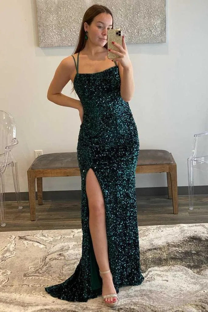 Sheath Fuchsia Sequins Long Prom Dress Split Formal Dress TP1198