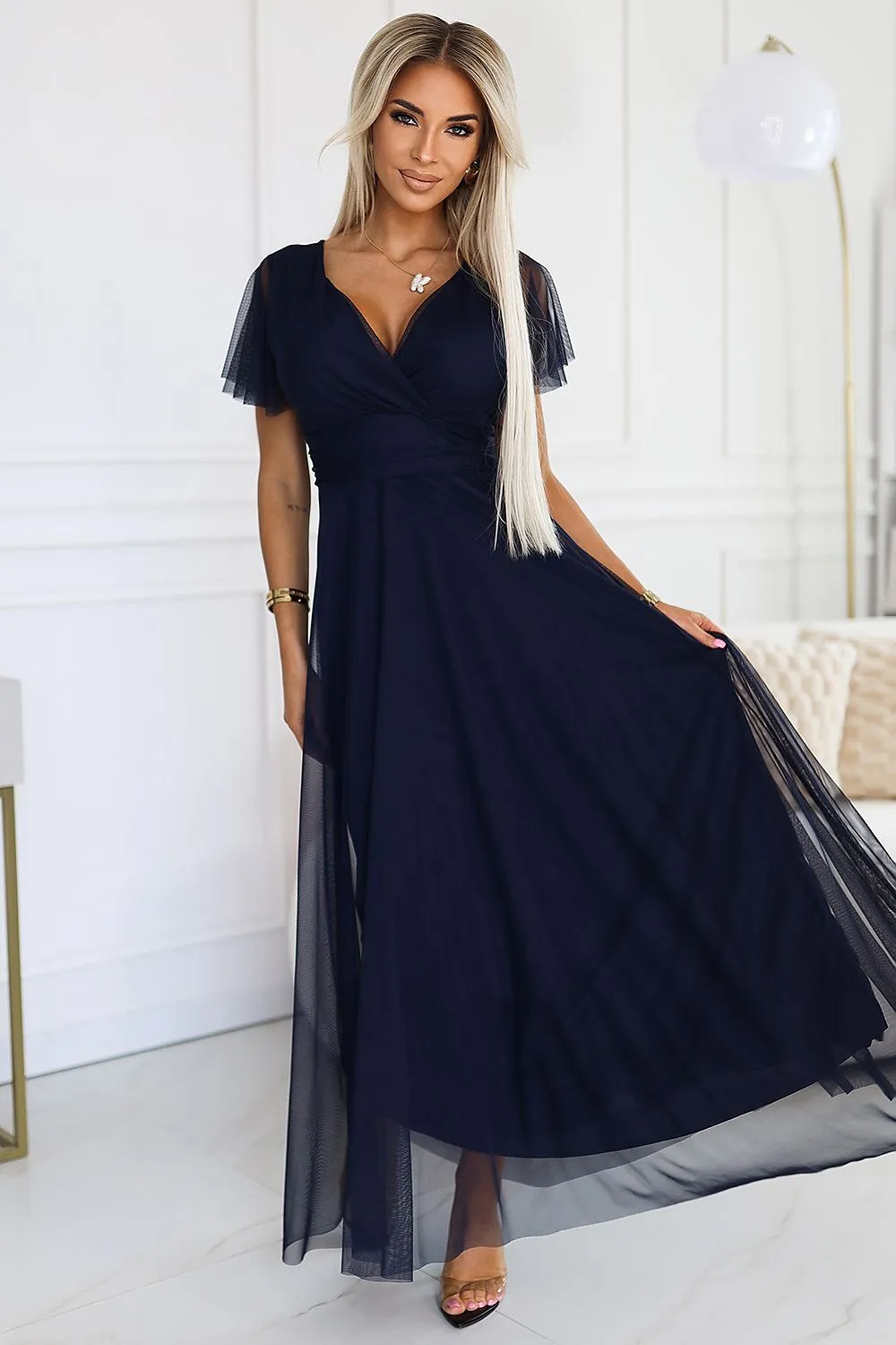 Short sleeves tulle light evening dress