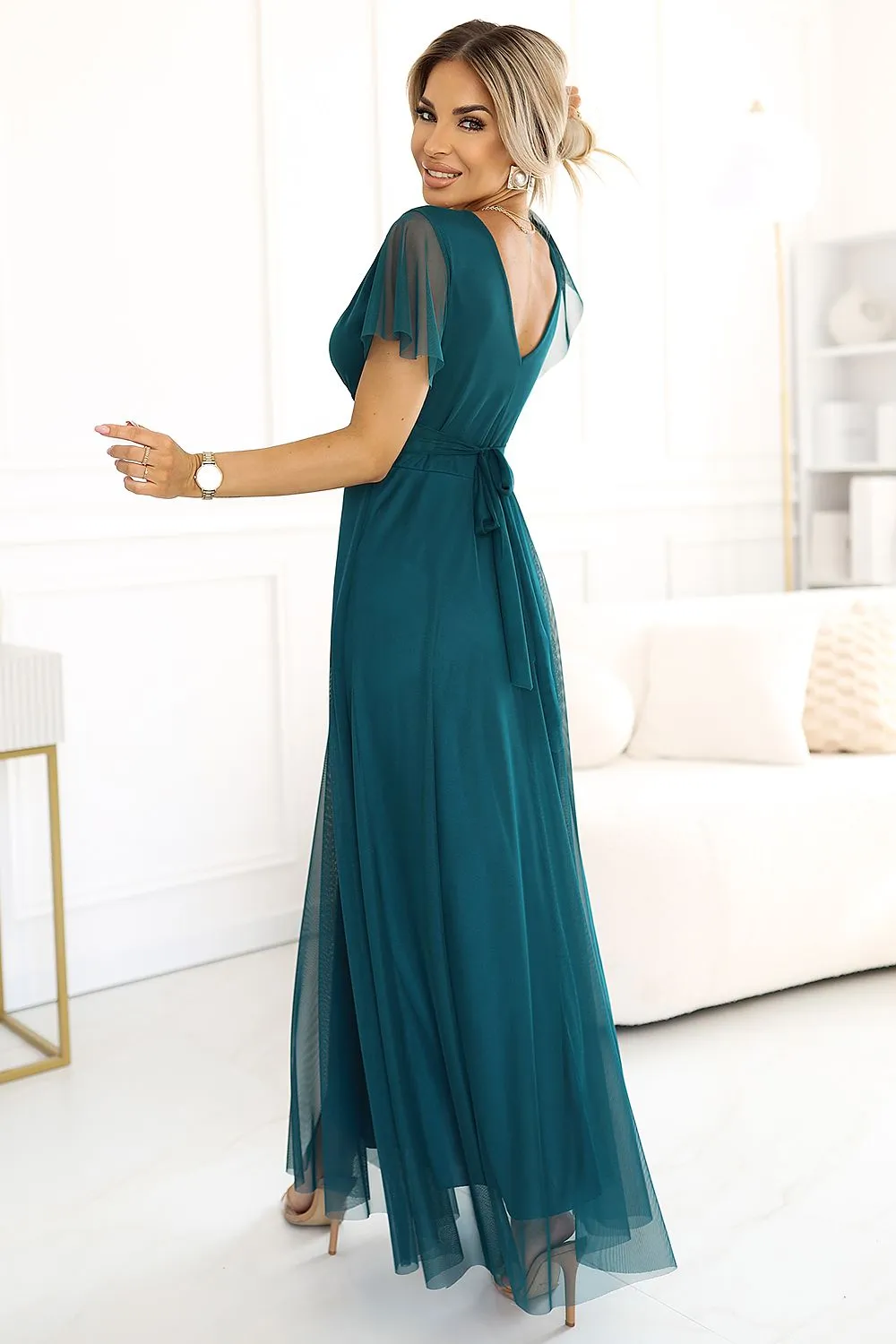 Short sleeves tulle light evening dress