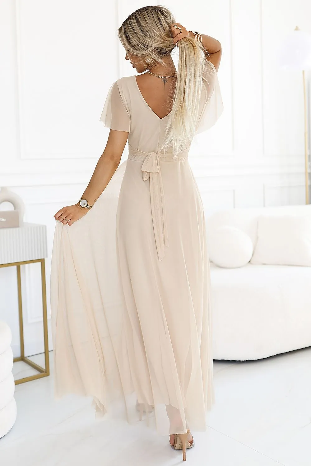 Short sleeves tulle light evening dress