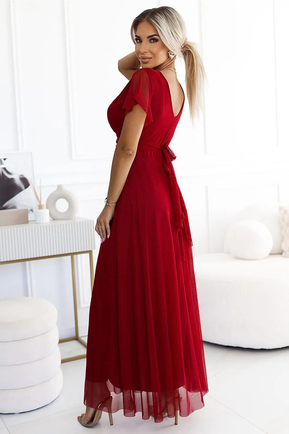 Short sleeves tulle light evening dress