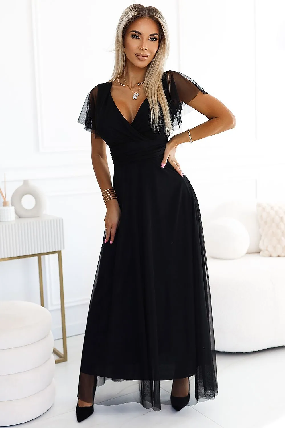 Short sleeves tulle light evening dress