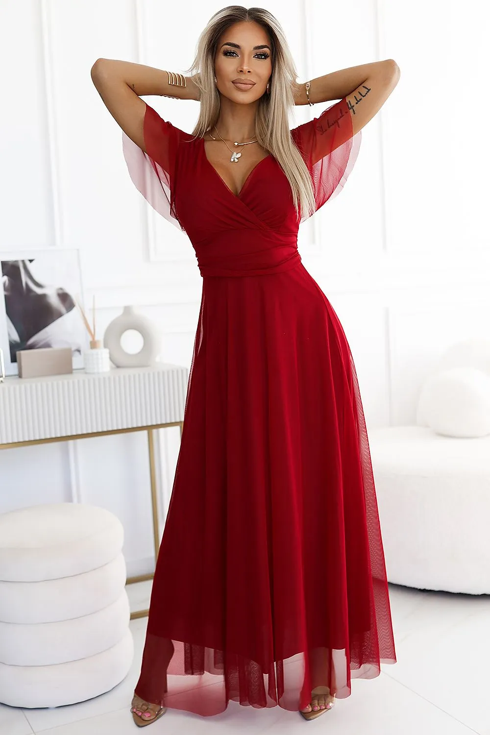 Short sleeves tulle light evening dress