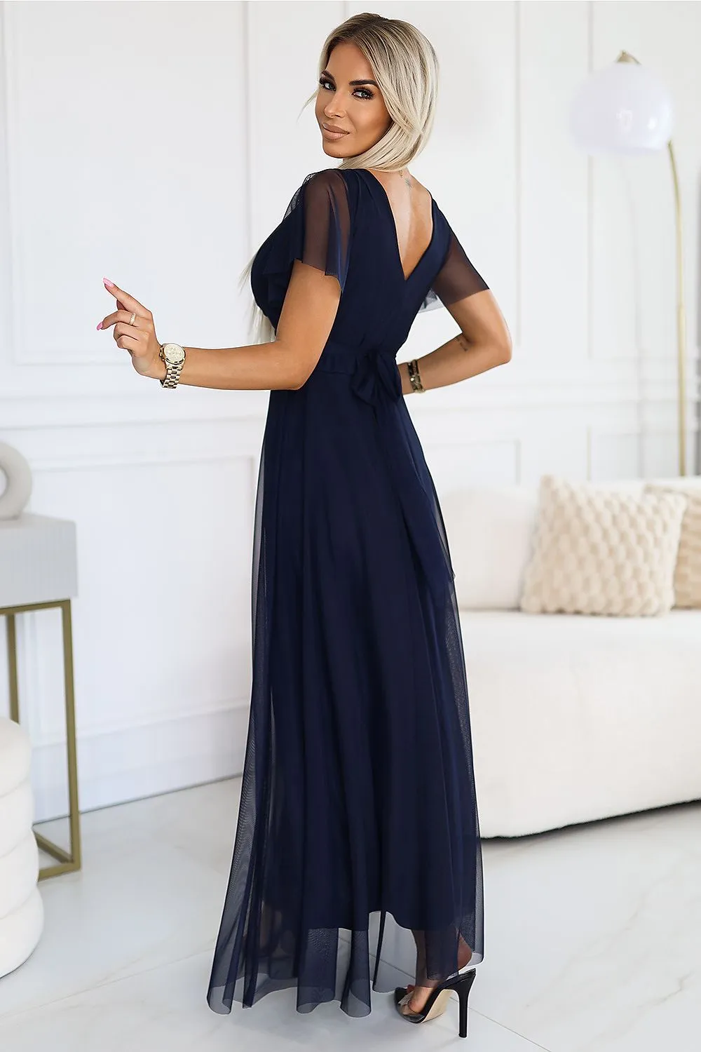 Short sleeves tulle light evening dress