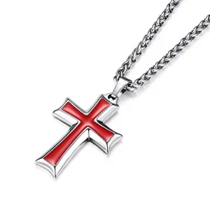 Silver & Red-Men's Stainless Steel Cross Pendant Necklace