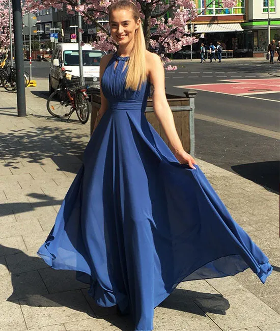 Simple blue chiffon long prom dress, blue evening dress