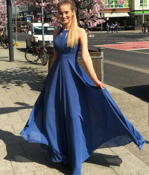Simple blue chiffon long prom dress, blue evening dress