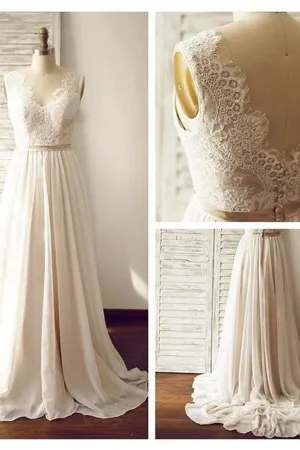 Simple Floor Length Sleeveless Wedding Gowns,Appliques Beach Wedding Dress With Gold Belt OMW50