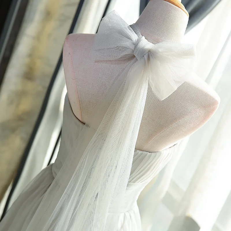 Simple Halter Tulle Long Formal Dress, Handmade Formal Gown with Bow