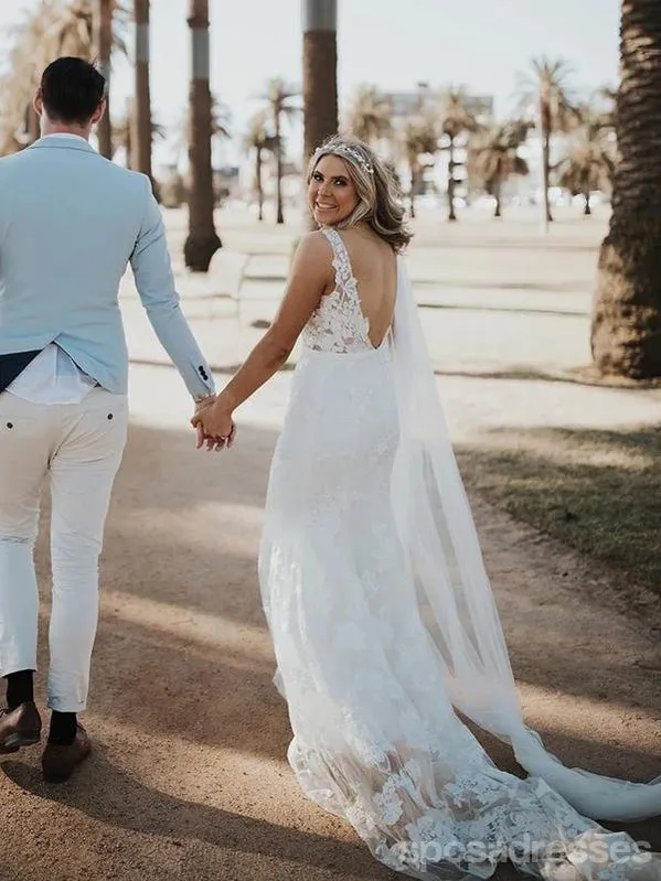 Simple Mermaid Sleeveless V-neck Handmade Lace Wedding Dresses,WD757
