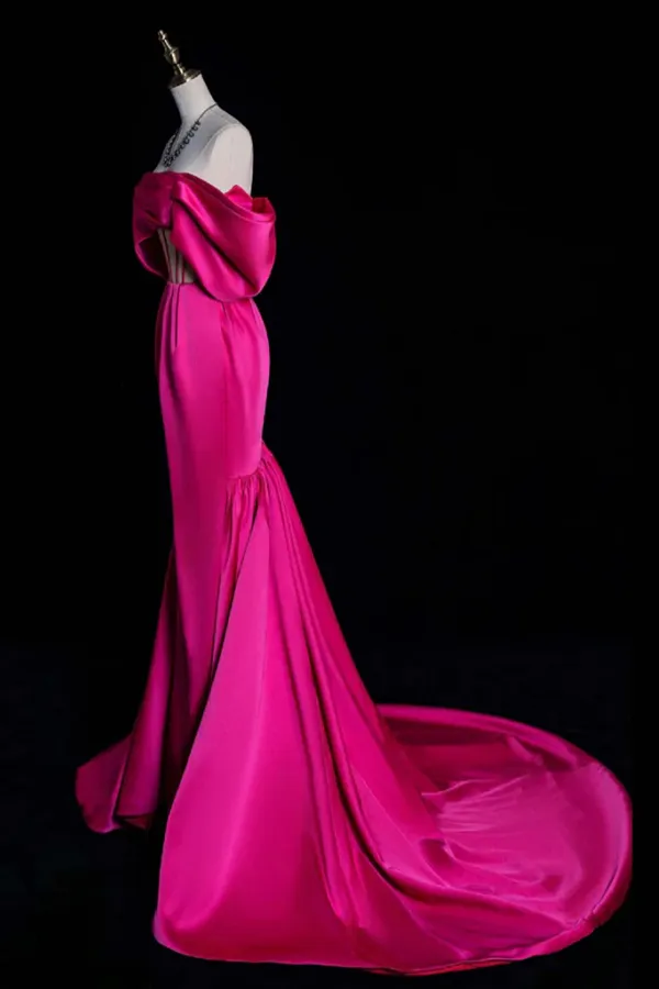 Simple Off Shoulder Satin Mermaid Rose Red Long Prom Dress, Rose Red Evening Dress APP0893